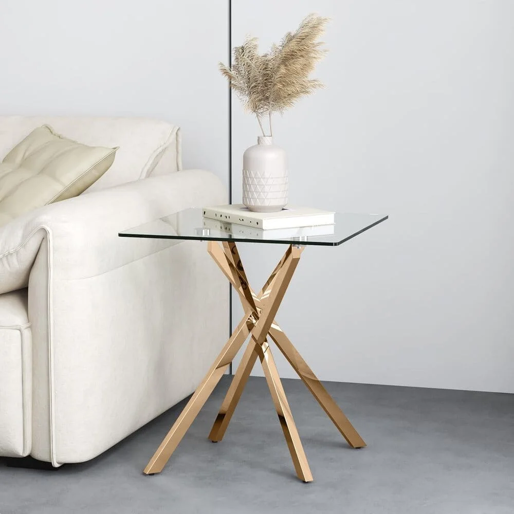 Glass Side Table with Golden Chroming Legs for Office and Living Room