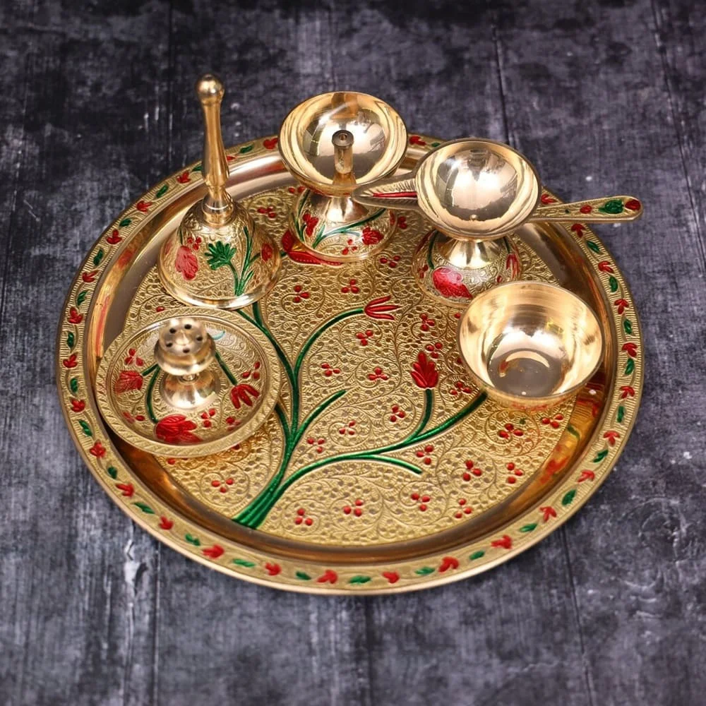 Handmade Indian Brass Pooja Thali Set