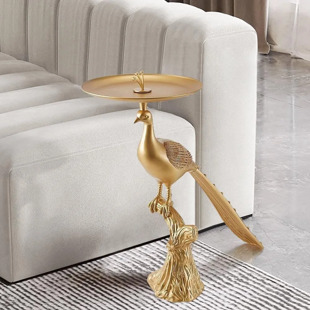 Peacock Figurine Art Deco Gold Side Table with Tray Top 1